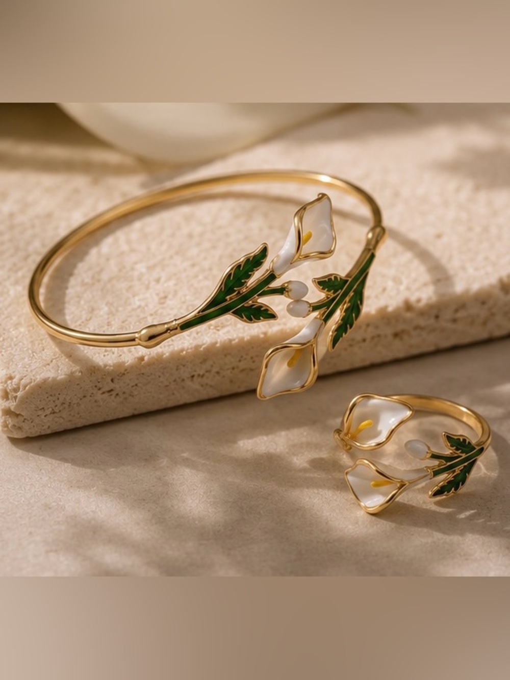 Calla Lily Bloom Open Cuff Bracelet and Adjustable Ring Set